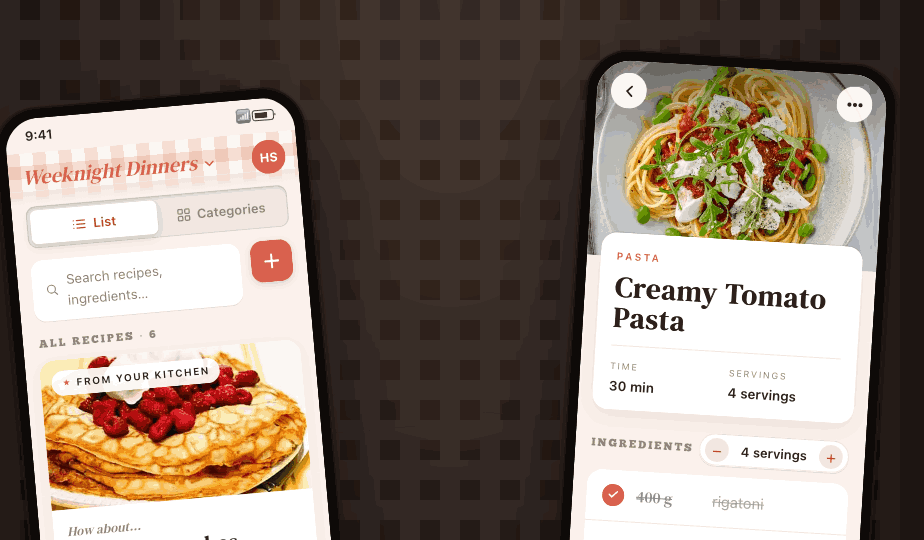 The Recepta app showing a cookbook's recipe list and a recipe with ingredients